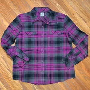 Ascend flannel plaid button-up shirt top pink grey